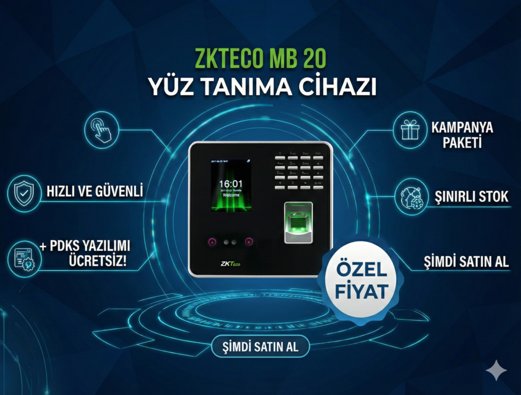 ZKTECO MB 20 Yüz Tanıma,Parmak İzi,Kart Okuma cihazı + PDKS Yazılımı Kampanyası
